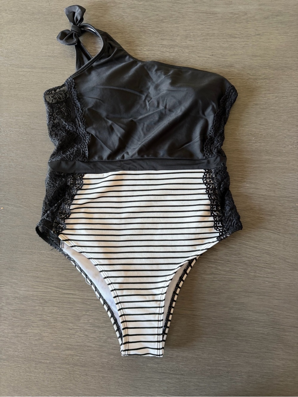 Black & White One-Shoulder Swimsuit with Lace Trim